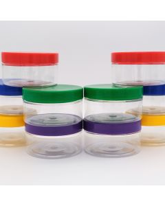 10 x 100ml Clear PET Wide Mouth Jars with Multi Colour Lids